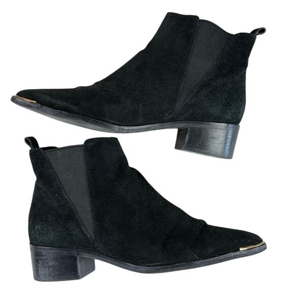 Marc Fisher Black Suede Pointed Toe Gold Tip Pull On Ankle Boots Sz 7 MSRP $201 - Picture 2 of 6